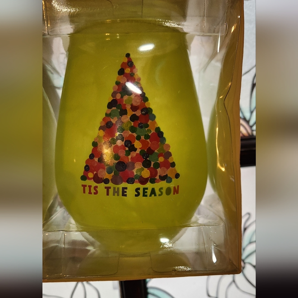 Green Festive Wine Glass with Colorful Tree Design - Holds One Bottle - Picture 3 of 5